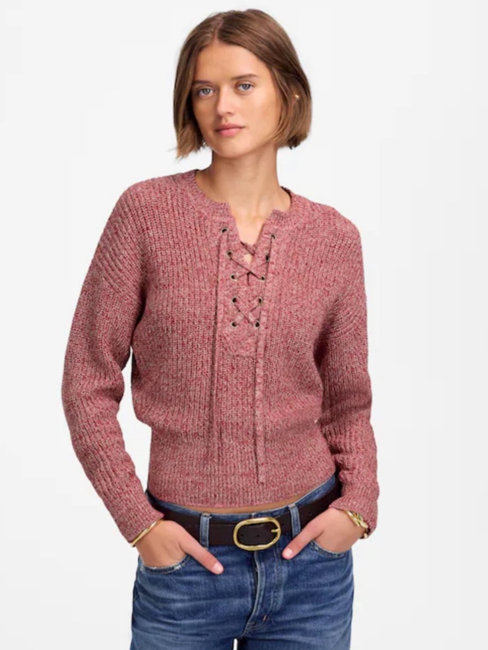 Madewell marled ribbed lace up sweater NWT